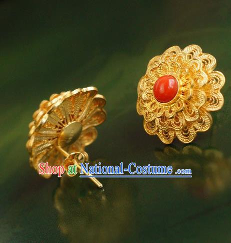 Handmade Chinese Ancient Empress Golden Ear Accessories Traditional Qing Dynasty Palace Ruby Earrings Jewelry