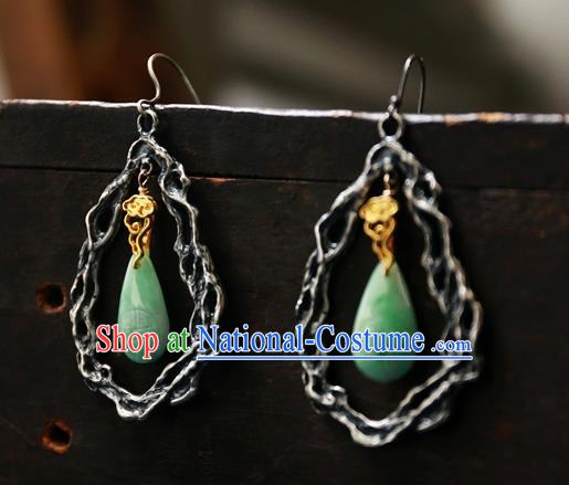 China National Silver Jewelry Traditional Ancient Qing Dynasty Palace Lady Earrings Handmade Jade Ear Accessories