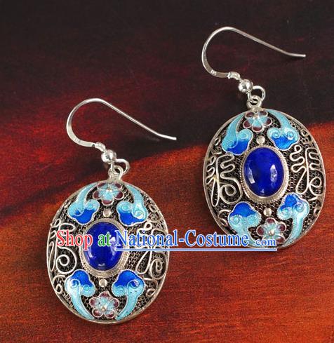 Handmade Chinese Traditional Qing Dynasty Palace Lapis Earrings Jewelry Ancient Empress Cloisonne Ear Accessories