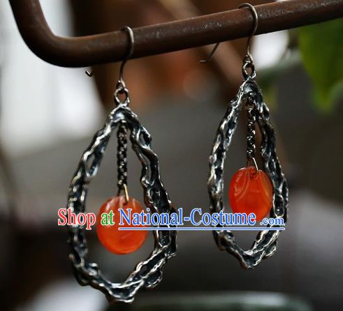 China Handmade Agate Ear Accessories National Silver Jewelry Traditional Ancient Qing Dynasty Palace Lady Earrings