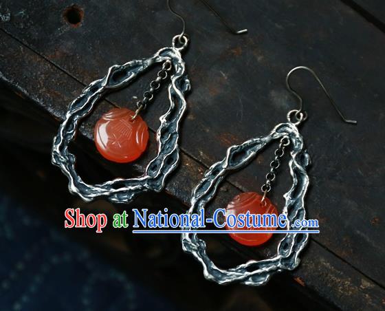 China Handmade Agate Ear Accessories National Silver Jewelry Traditional Ancient Qing Dynasty Palace Lady Earrings