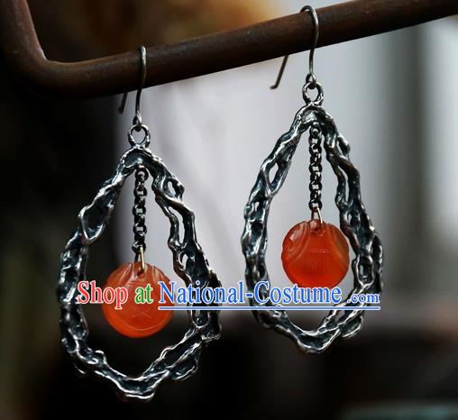 China Handmade Agate Ear Accessories National Silver Jewelry Traditional Ancient Qing Dynasty Palace Lady Earrings