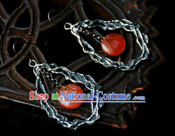 China Handmade Agate Ear Accessories National Silver Jewelry Traditional Ancient Qing Dynasty Palace Lady Earrings