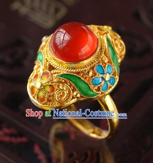 China Ancient Court Woman Carnelian Accessories Traditional Qing Dynasty Empress Circlet Jewelry Golden Ring