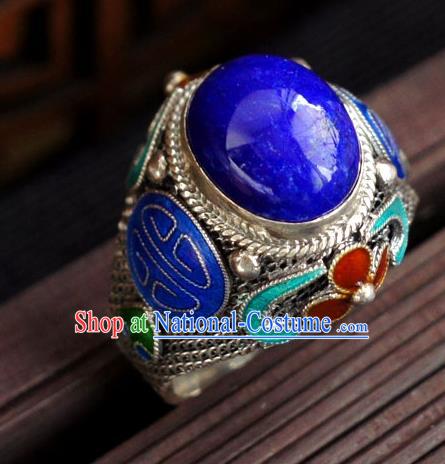 China Ancient Court Woman Lapis Ring Accessories Traditional Qing Dynasty Empress Silver Circlet Jewelry