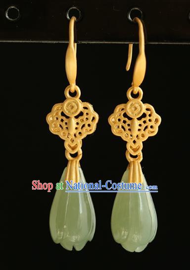 Handmade Chinese Traditional Cheongsam Golden Earrings Jewelry Jade Mangnolia Ear Accessories