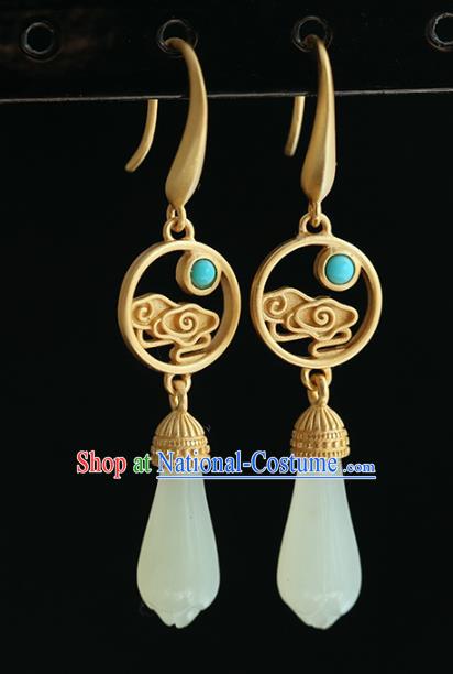 Handmade Chinese Traditional Jewelry Jade Mangnolia Ear Accessories Cheongsam Golden Cloud Earrings