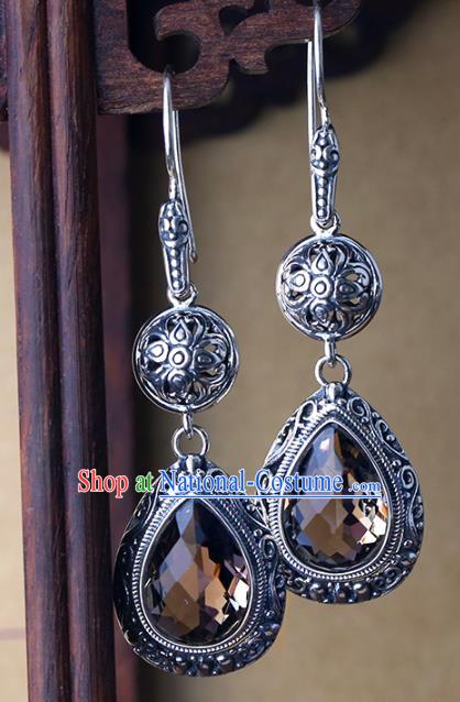 Handmade Chinese Silver Ear Accessories Cheongsam Earrings Traditional Citrine Jewelry