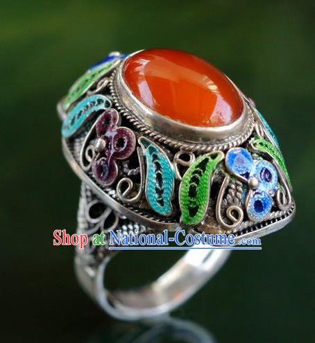 China Traditional Silver Circlet Jewelry Qing Dynasty Agate Ring Ancient Court Woman Accessories