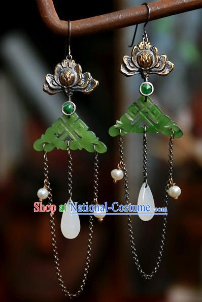 China National Carving Lotus Jewelry Handmade Jade Ear Accessories Traditional Ancient Qing Dynasty Earrings