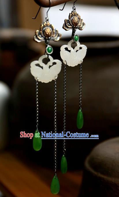 China National Jewelry Handmade Carving Lotus Ear Accessories Traditional Ancient Qing Dynasty White Jade Butterfly Earrings