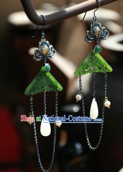 China Traditional Ancient Qing Dynasty Green Jade Earrings National Jewelry Handmade Carving Lotus Ear Accessories