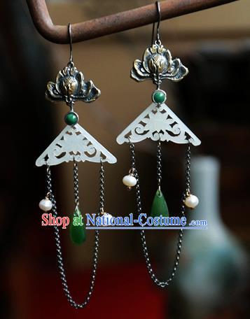 China National Jewelry Traditional Ancient Qing Dynasty White Jade Earrings Handmade Carving Lotus Ear Accessories