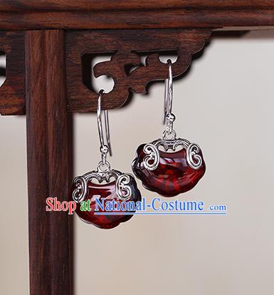 Handmade Chinese Silver Ear Cheongsam Garnet Earrings Traditional Jewelry Accessories