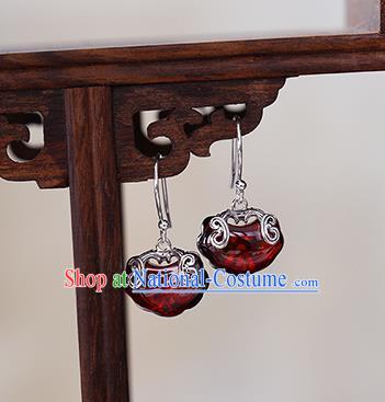 Handmade Chinese Silver Ear Cheongsam Garnet Earrings Traditional Jewelry Accessories