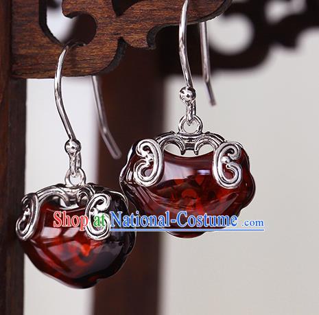 Handmade Chinese Silver Ear Cheongsam Garnet Earrings Traditional Jewelry Accessories