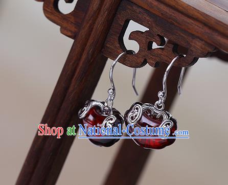 Handmade Chinese Silver Ear Cheongsam Garnet Earrings Traditional Jewelry Accessories