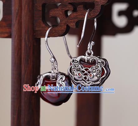 Handmade Chinese Silver Ear Cheongsam Garnet Earrings Traditional Jewelry Accessories