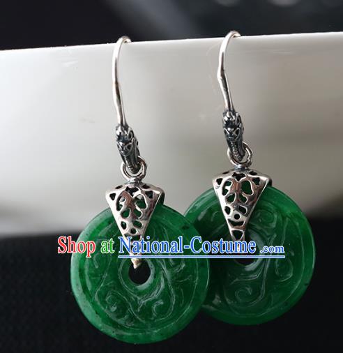 Handmade Chinese Cheongsam Green Jade Carving Earrings Traditional Silver Ear Jewelry Accessories