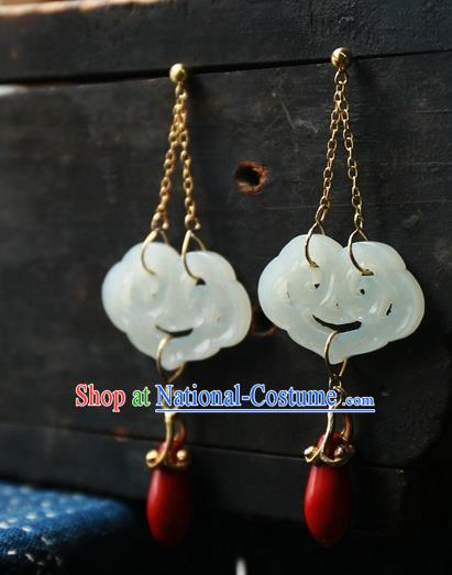 China Traditional Ancient Qing Dynasty Earrings Handmade Ear Accessories White Jade Cloud National Jewelry