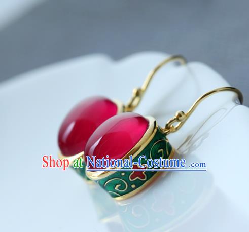 Handmade Chinese Enamel Earrings Traditional Ear Jewelry Red Corundum Accessories