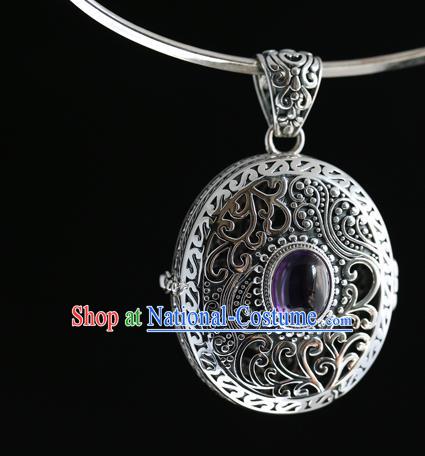 China Handmade Amethyst Necklace Pendant Classical Accessories Traditional National Silver Carving Necklet Jewelry