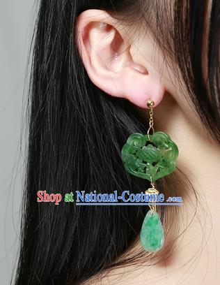 China Traditional Ancient Qing Dynasty Green Jade Earrings Handmade Ear Accessories National Jewelry