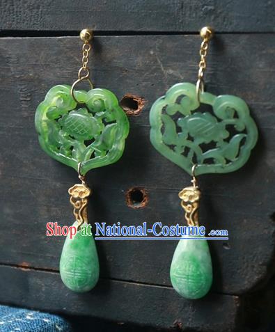 China Traditional Ancient Qing Dynasty Green Jade Earrings Handmade Ear Accessories National Jewelry