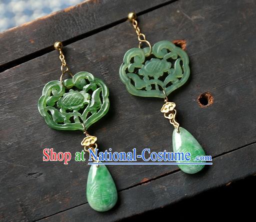 China Traditional Ancient Qing Dynasty Green Jade Earrings Handmade Ear Accessories National Jewelry