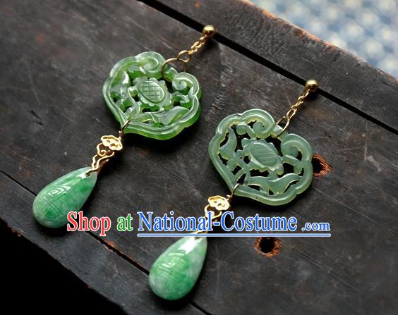 China Traditional Ancient Qing Dynasty Green Jade Earrings Handmade Ear Accessories National Jewelry