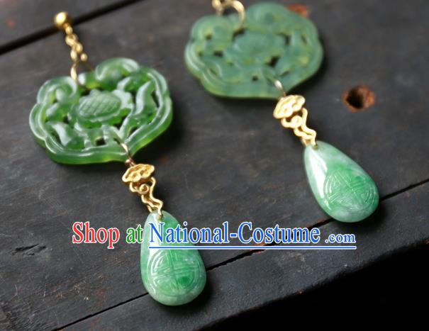 China Traditional Ancient Qing Dynasty Green Jade Earrings Handmade Ear Accessories National Jewelry