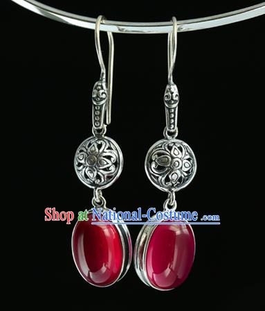 Handmade Chinese Traditional Silver Carving Ear Jewelry Eardrop Accessories Red Corundum Earrings