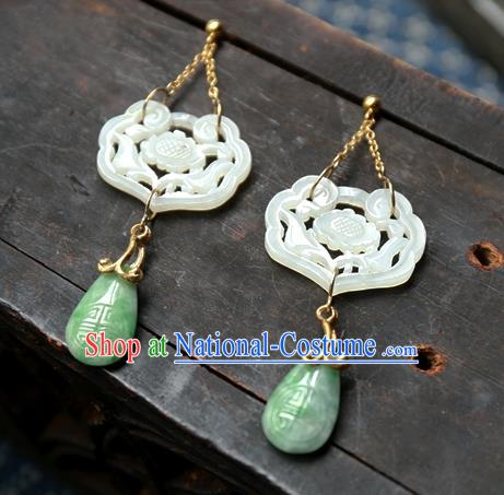 China Traditional Handmade White Jade Lock Ear Accessories National Wedding Jewelry Ancient Qing Dynasty Earrings