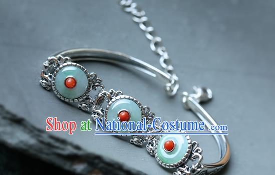 China Handmade Silver Bangle Jewelry Corallite Accessories Traditional National Jade Bracelet