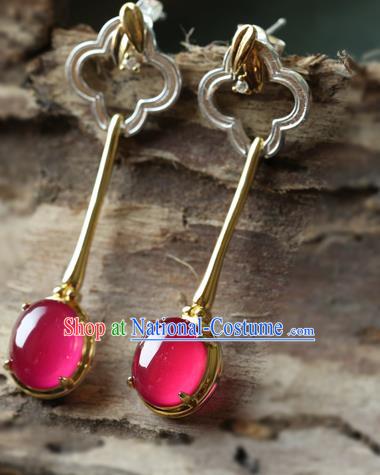 Handmade Chinese Traditional Ear Jewelry Classical Cheongsam Earrings Red Corundum Eardrop Accessories