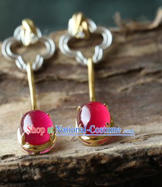 Handmade Chinese Traditional Ear Jewelry Classical Cheongsam Earrings Red Corundum Eardrop Accessories