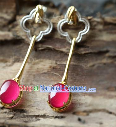 Handmade Chinese Traditional Ear Jewelry Classical Cheongsam Earrings Red Corundum Eardrop Accessories