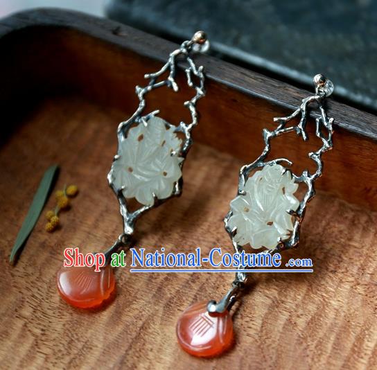 China Traditional Handmade Agate Ear Accessories National Wedding Jewelry Ancient Qing Dynasty White Jade Earrings