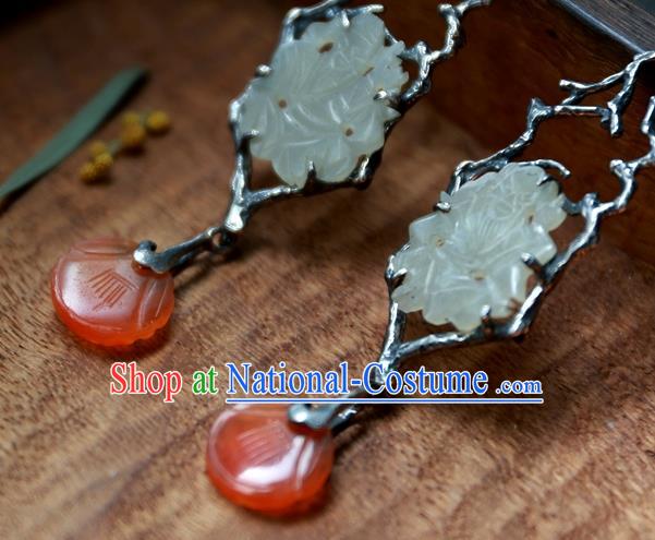 China Traditional Handmade Agate Ear Accessories National Wedding Jewelry Ancient Qing Dynasty White Jade Earrings