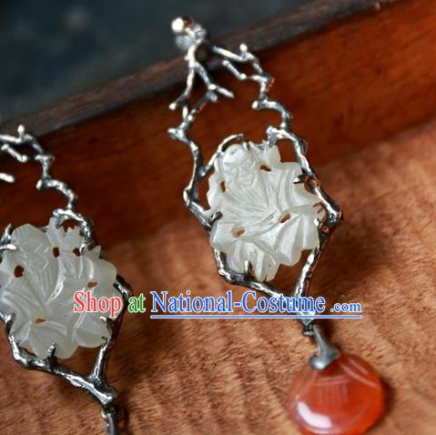 China Traditional Handmade Agate Ear Accessories National Wedding Jewelry Ancient Qing Dynasty White Jade Earrings