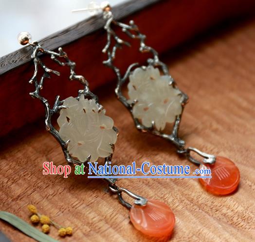 China Traditional Handmade Agate Ear Accessories National Wedding Jewelry Ancient Qing Dynasty White Jade Earrings