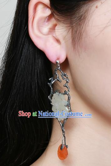 China Traditional Handmade Agate Ear Accessories National Wedding Jewelry Ancient Qing Dynasty White Jade Earrings