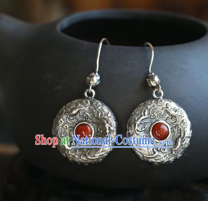 Handmade Chinese Nanjiang Carnelian Eardrop Accessories Classical Cheongsam Earrings Traditional Silver Carving Ear Jewelry