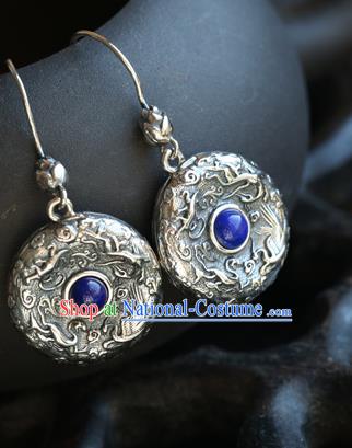 Handmade Chinese Traditional Silver Carving Ear Jewelry Classical Cheongsam Earrings Lapis Eardrop Accessories