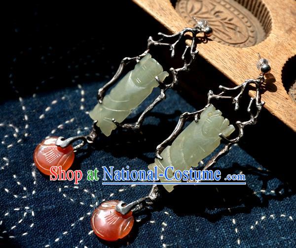 China Ancient Qing Dynasty Jade Carving Earrings Traditional Handmade Agate Ear Accessories National Wedding Jewelry