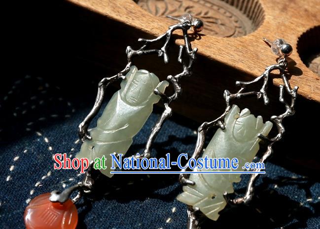 China Ancient Qing Dynasty Jade Carving Earrings Traditional Handmade Agate Ear Accessories National Wedding Jewelry