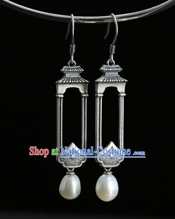 Handmade Chinese Traditional Pearl Ear Jewelry Eardrop Accessories Silver Carving Palace Earrings