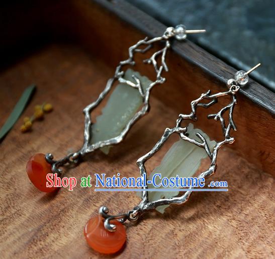 China Ancient Qing Dynasty Jade Carving Earrings Traditional Handmade Agate Ear Accessories National Wedding Jewelry