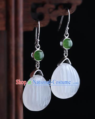 Handmade Chinese Silver Jade Eardrop Classical Cheongsam Carving Quartz Earrings Accessories Traditional Ear Jewelry