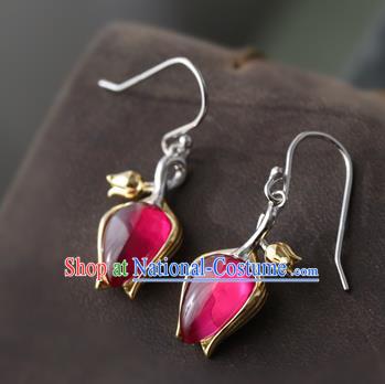 Handmade Chinese Red Corundum Eardrop Classical Cheongsam Earrings Accessories Traditional Convallaria Ear Jewelry